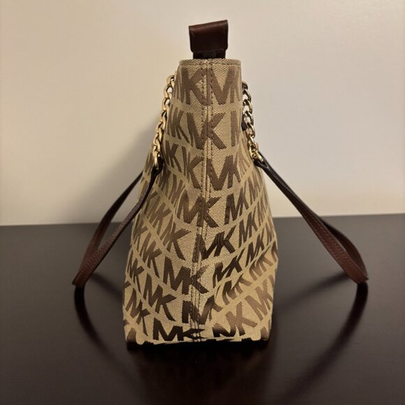 Michael Kors Jet Set Signature Tan Brown Gold Chain Handle Tote Bag - Picture 5 of 14